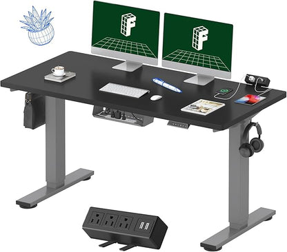 FLEXISPOT EN2 Whole-Piece Standing Desk with Clamp Power Strip, 55 x 28 Electric Stand Up Height Adjustable Desk with Cable Management (Gray Frame + 55" Black Top, 2 Packages)