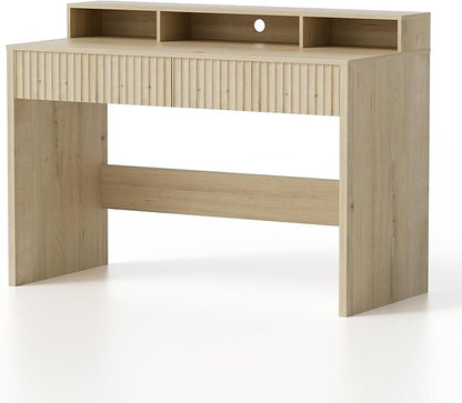 Fluted Executive Desk with Storage Shelf, 47" Modern Wood Home Office Desk with Long Monitor Stand & 2 Drawers, Writing Study Computer Table Vanity Desks, Light Oak