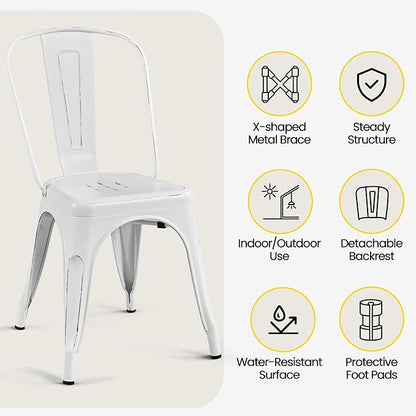 Yaheetech Metal Dining Chairs Set of 4, Industrial Stackable Kitchen Chairs with Back for Dining Room/Restaurant/Bistro/Patio, Indoor & Outdoor Use, Distressed White
