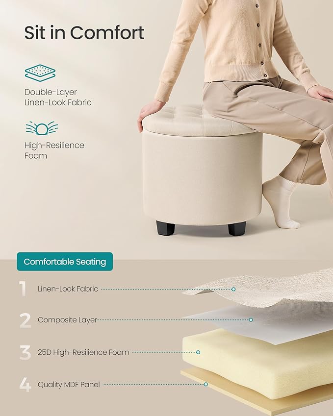 SONGMICS Round Ottoman, Ottoman with Storage, 17.7 x 17.7 x 17.5 Inches, Foot Rest with Legs, Linen-Look Fabric, Load up to 330 lb, for Living Room, Bedroom, Light Beige ULOM011W01