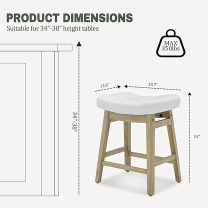 Counter Height White Bar Stools Set of 6 for Kitchen Counter Farmhouse Modern Barstools with Faux Leather Upholstered Backless Seat and Solid Wood Legs 24 inch Bar Chairs, White + Wood Color