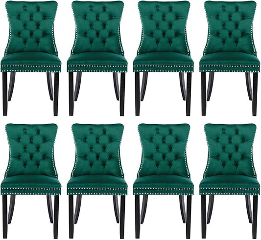 Velvet Upholstered Dining Chairs Set of 8, Modern Style Kitchen Side Chairs with Nailhead Trim and Wood Legs,Metal Pulling Ring for Dining Room Living Room(Green)