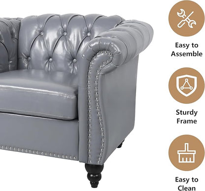Loveseat Sofa Couch, Modern PU Leather Upholstered Sofa, Oversized Comfy 2 Seater Love Seat Couch with Cushions, Mid Century Tufted Chesterfield Sofa for Living Room, Bedroom, Apartment (Grey)