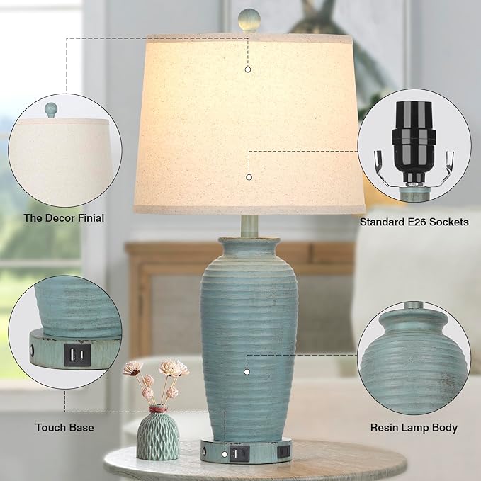 25" Farmhouse Jar Table Lamps Set of 2, 3 Way Touch Control Rustic Bedside Lamps with USB A+C Ports & AC Outlet, Pot Nightstand Lamps for Bedroom Living Room (LED Bulbs Included)