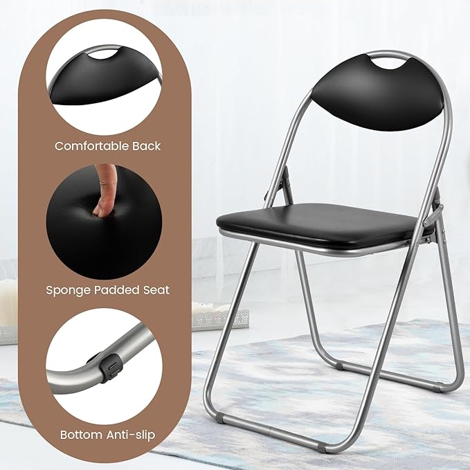 S AFSTAR Folding Chairs Set of 2, Metal Folding Chairs with Carrying Handles, Padded Seats, Non-Slip Foot Pads, Indoor & Outdoor Foldable Padded Chairs for Home Office Reception Room Church, Black