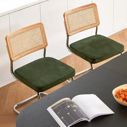 Green Rattan Dining Chairs Set of 4, Wooden Mid Century Modern Kitchen Chairs, Mesh Back Cane Dining Room Chair, Cesca Design Chairs with Metal Chrome Legs