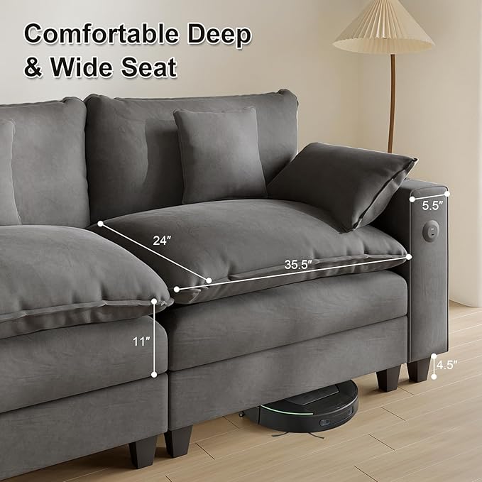 Cloud Couch, Modular Sectional Sofa with Ottoman, Charging Station, Throw Pillows, Cup Holders, Modern Convertible L Shaped Couches for Living Room, Bedroom (Grey, 152"- U Shape)