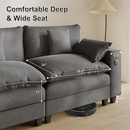 Cloud Couch, Modular Sectional Sofa with Ottoman, Charging Station, Throw Pillows, Cup Holders, Modern Convertible L Shaped Couches for Living Room, Bedroom (Grey, 152"- U Shape)