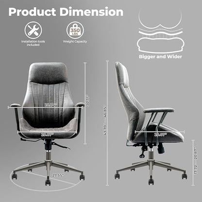 ovios Home Office Ergonomic Chair, Mid-Century Modern Luxury Faux Suede Leather Chairs, Comfy High Back Computer Swivel Rolling Task Armchair for Executive, Grey