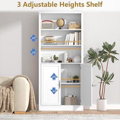 72'' Tall Bookcase with Doors, Adjustable Shelves, P2 MDF Construction, 32'' Wide Freestanding Cabinet with Metal Handles, Hidden Storage for Living Room, Bedroom, White