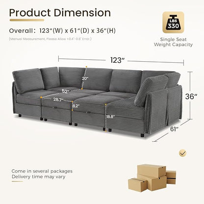 KKL Modular Sectional Sofa Bed with Storage Ottoman, Convertible L/U/J-Shaped Sleeper Couch Plush Wide-Wale Corduroy for Living Room, Apartment, Modern Design, Gray