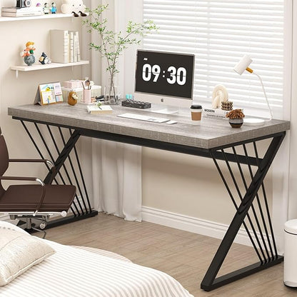 FOLUBAN Modern Desk, Rustic Wood and Metal Computer Desk for Home Office, Simple Study Writing Gaming Table for Bedroom Living Room, Light Grey, 53 Inch