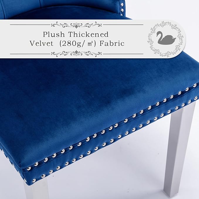 Velvet Upholstered Dining Chairs Set of 2, Modern Style Kitchen Side Chairs with Nailhead Trim and Silver Plated Leg, Metal Pulling Ring for Dining Room Living Room(Blue-Silver Plated Leg)