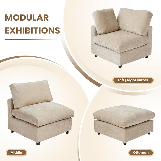 WJShome 100 Inch U Shaped Modern Sofa Modular Sectional Cloud Couch with 2 Ottoman, 4-Seat Chenille Deep Seat Couches for Living Room, Bedroom and Apartment，Khaki