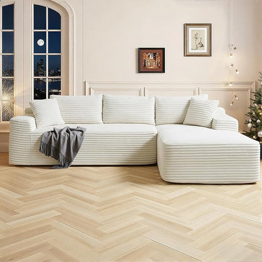 108 Inch Cloud Sectional Couch,Modern Modular Sectional Sofa with Deep Seat,Corduroy Boneless Couches with L-Shape Chaise for Living Room,No Assembly Required (Beige, Right Facing Chaise)