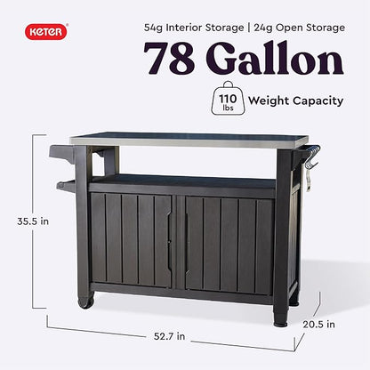 Keter Outdoor Rolling Table Cart for Food Prep, Storage, Bar & Grill, Dark Brown - Portable Kitchen Island Tabletop with Wheels for Drinks, Snacks, and Cooking