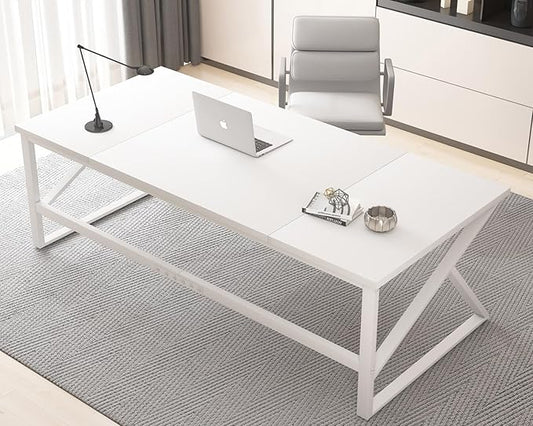 HSH 70 Inch Long White Computer Desk, Modern Large Executive Work Writing Study Gaming Desk for Home Office, Industrial Metal Wooden Two Person Desk Dual Monitor Workstation in Bedroom Living Room