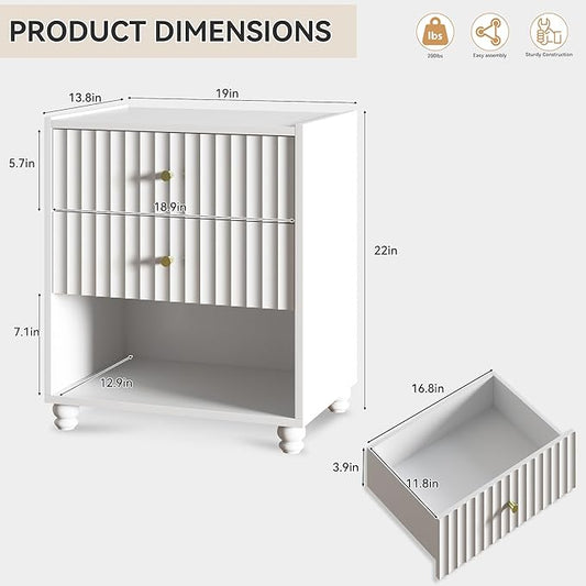 Modern Nightstand, Fluted End Table with 2 Drawers, Nightstand with Open Shelf for Bedroom (1, White)