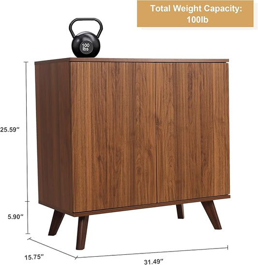 Modern Sideboard Buffet Cabinet Console Table, Accent Storage Cabinet Credenza Buffer Cabinets with 4 Fluted Doors for Kitchen Dining Living Room Entryway (Walnut)