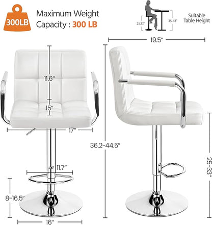 Yaheetech Bar Stools, PU Leather Adjustable Swivel Barstools, Hydraulic Kitchen Counter Height Bar Chairs with Armrest and Back for Bar, Kitchen, Dining Room, White