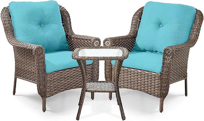 3 Piece Patio Brown Wicker Chairs with Side Table - Outdoor High Back Heavy Duty All-Weather Lawn Dining Rattan Chair Conversation Bistro Set for Deck Porch Balcony Backyard Garden - Turqoise