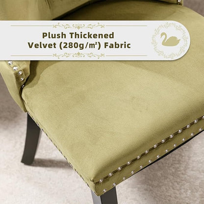 Velvet Upholstered Dining Chairs Set of 4, Modern Style Kitchen Side Chairs with Nailhead Trim and Wood Legs,Metal Pulling Ring for Dining Room Living Room(Olive Green,Set of 4)