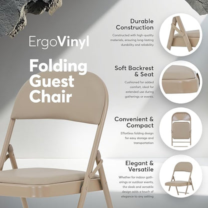 Oline Vinyl Folding Chairs, Padded Vinyl Cushion Chairs with Durable Metal Frame, Indoor Outdoor Stackable Foldable Guest Chairs for Office Wedding Kitchen Dining, 300lb Capacity (Khaki, 4 Pack)