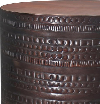 SIMPLIHOME Johnsen Metal Table - 15 inch Wide Solid Iron Drum Accent Table in Oil Rubbed Bronze with Tribal Pattern, Round Boho End Table for Living Room, Bedroom, or Home Office, Fully Assembled