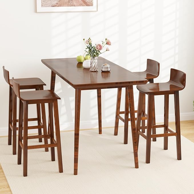 COSTWAY Solid Wood Bar Stools Set of 2, 29-inch Counter Height Chairs with Low Back and Footrest, Farmhouse Wooden Armless Barstools for Kitchen Island, Dining Room, Cafe, Breakfast, Brown