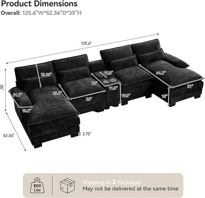 U Shaped Sectional Sofa with Storage Console, Cup Holders & USB Ports, Small Modular Cloud Couch with Deep Seats, Modern Comfy Living Room Sofa for Apartment, Chenille Black