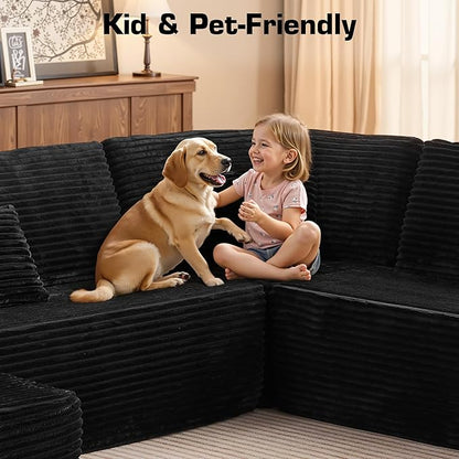 133.1'' Boneless Sectional Couches for Living Room, Oversized Cloud Couch with Chaise & Ottoman, Modular Sofa Sets Deep Seat Plush Corduroy, No Assembly Required,Plush Corduroy,Black