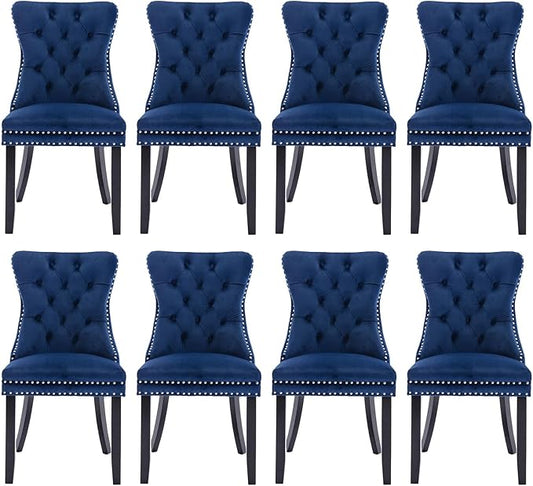 Velvet Upholstered Dining Chairs Set of 8, Modern Style Kitchen Side Chairs with Nailhead Trim and Wood Legs,Metal Pulling Ring for Dining Room Living Room(Blue)