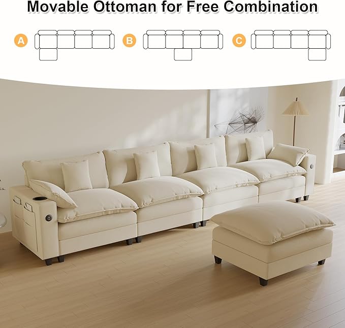 Cloud Couch, Modular Sectional Sofa with Ottoman, Charging Station, Throw Pillows, Cup Holders, Modern Convertible L Shaped Couches for Living Room, Bedroom (White, 152"- L Shape)