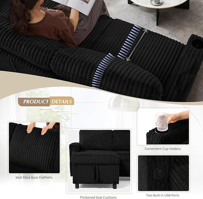 84" Corduroy Pull Out Sofa Bed w/Adjustable Backrests, Sectional L-Shape Sleeper Sofa w/Storage Chaise, Convertible Couch Bed w/USB Charging Port & Cup Holders for Living Room, House, Black