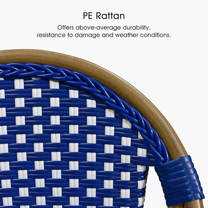 PURPLE LEAF French Bar Stool Set of 2 Bamboo Print Finish Patio Bar Stools with Back Rattan Chairs Wicker Bar Height Stool 30" with Footrest Kitchen Island Stools Outdoor Barstool Royal Blue