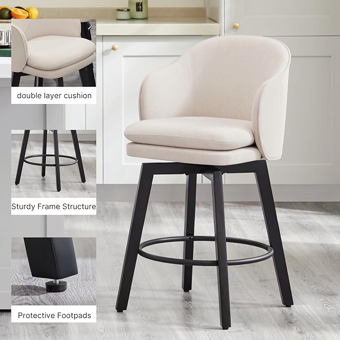 Counter Height Barstools 26 inch Upholstered Swivel Bar Stools with Back and Wood Legs for Kitchen Island,Set of 3,Beige Fabric