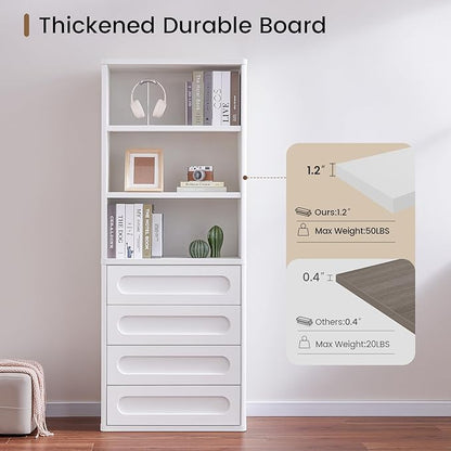 Bookcase with 4 Drawers, 72.1" Tall Bookshelf with 3 Storage Shelves, Large Bookshelves Cabinet for Living Room, Bedroom, Home Office (White)
