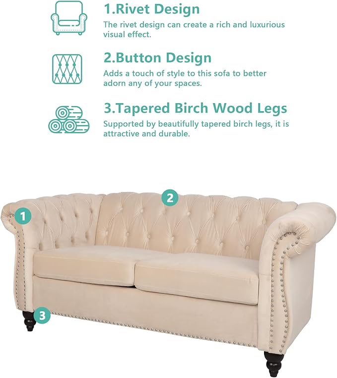 Velvet Loveseat Sofa, Mid Century Modern Upholstered Couch, 62" Oversized Comfy 2 Seater Love Seat Couch with Cushions, Tufted Chesterfield Sofa for Living Room, Bedroom, Apartment (Beige)