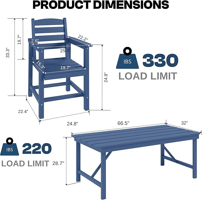 7 Piece Patio Dining Set with 11ft Patio Umbrella (Navy), 7 Navy Outdoor HDPE Dining Set with 6 Chairs + 1 Large Table with 2" Umbrella Hole, for Market, Pool, Garden, Backyard, Deck
