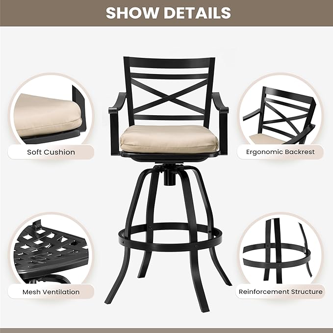 Pellebant 30" Sunbrella Outdoor Bar Stools 8 Pack, Aluminum Swivel Patio Bar Height Bar Stools with Back & Footrest, for Deck Lawn Garden(Canvas Antique Beige)