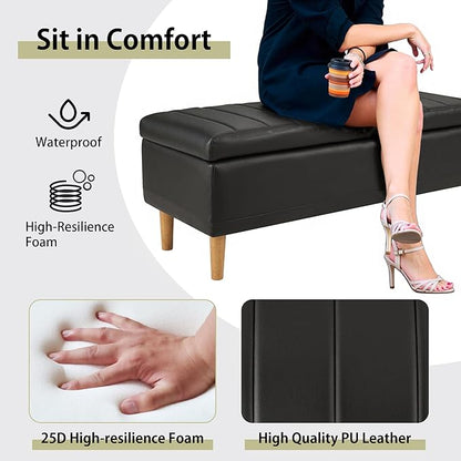 VECELO 44.5" Storage Ottoman Bench, End of Bed Bench with 2 Machined Gas Spring Lid Supports, PU Leather Upholstery & Solid Wood Legs for Living Room, Bedroom, Entryway, Modern Black