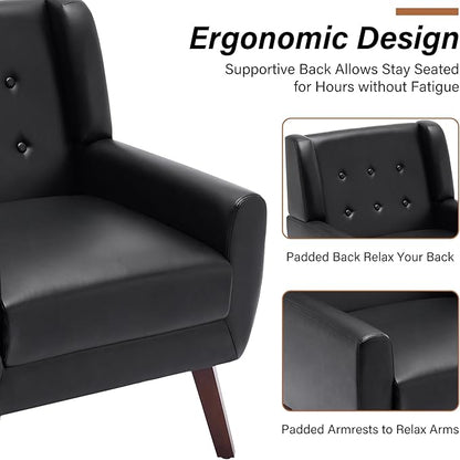 Accent Chair, Modern Faux Leather Armchair for Living Room, Comfy Upholstered Arm Chair Tufted for Indoor Bedroom Office Room (P Black)