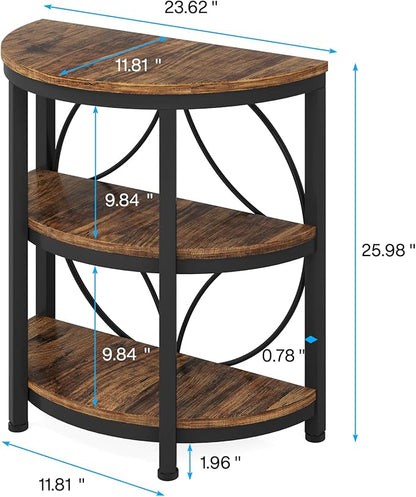 Tribesigns Half Round End Table for Living Room Set of 2, 3-Tier Half Side Table with Metal Frame, Industrial Half Moon Table, Half Circle Accent Table for Entryway, Bedroom, Rustic Brown