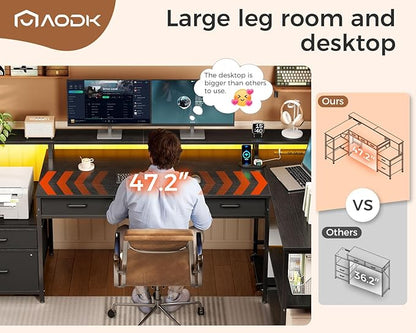 AODK L Shaped Desk with 5 File Drawers, 75" Reversible L Shaped Computer Desk with Power Outlet & LED Strip, Office Desk with Storage Shelves, Gaming Table with Monitor Shelf, Corner Table, Black
