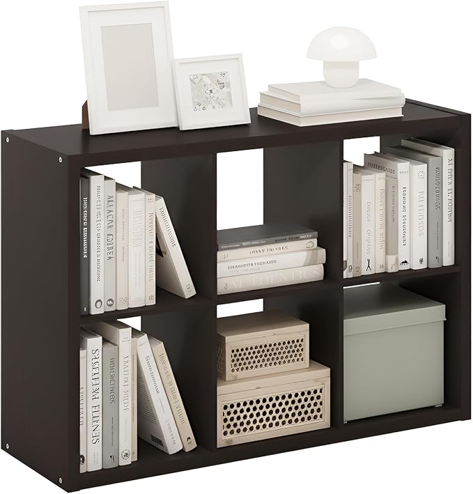 Furinno CUBICLE Book Shelf, 6-Cube Thick Frame Bookshelf, Horizontally & Vertically Reversible Bookcase with Open Back, 14.6 x 43.8 x 30, for Living Room, Bedroom, Home Office, Black Dark Oak