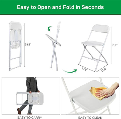 6 Pack White Plastic Folding Chairs, Portable Party Chairs, Stackable Commercial Seats with Steel Frame for Home Office Wedding Party Indoor Outdoor Events Chairs, 350lbs Capacity