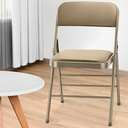 cyclone sound 4 Pack Folding Chairs with PU Padded Cushion and Back, Commercial Grade Metal Chairs with Comfortable PU Leather Cushion for Home and Office, for Indoor and Outdoor Events (4, Beige-PU)
