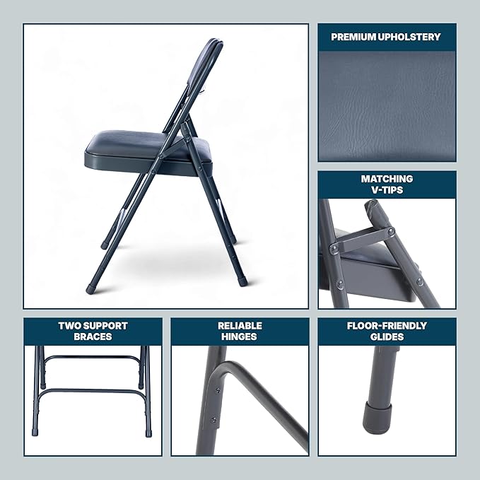 OEF Furnishings OEF1200 Series Premium Heavy Duty Vinyl Padded Folding Chairs, Commercial Grade 500 lb Capacity (4-Pack, Midnight Blue)