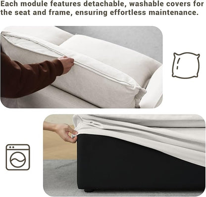 114” Oversized Modular Sectional Sofa, Comfy Down Fill Cloud Couch with Washable Cover, L Shaped 3 Seater Modular Couch with Ottoman, Convertible Sectional Couches for Living Room, Cream White
