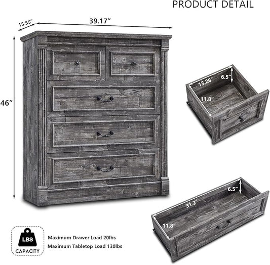 5 Drawers Dresser for Bedroom, Farmhouse 46" Tall Dressers & Chests of Drawers w/Roman Column, Wood Rustic Closet Dresser w/Two Different Drawer Sizes for Bedroom, Living Room, Light Grey